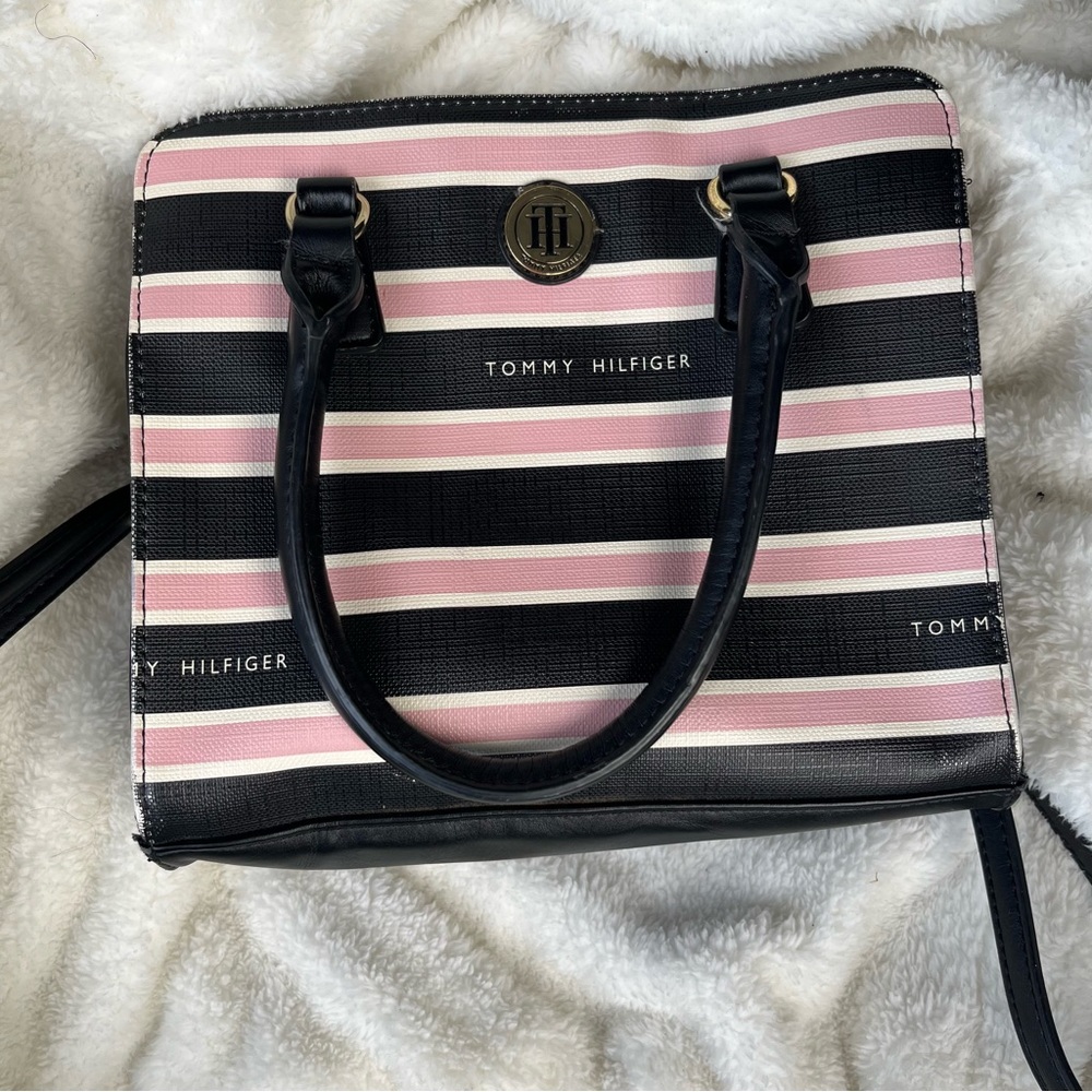 Tommy Hilfiger pink, black, and white with long shoulder strap